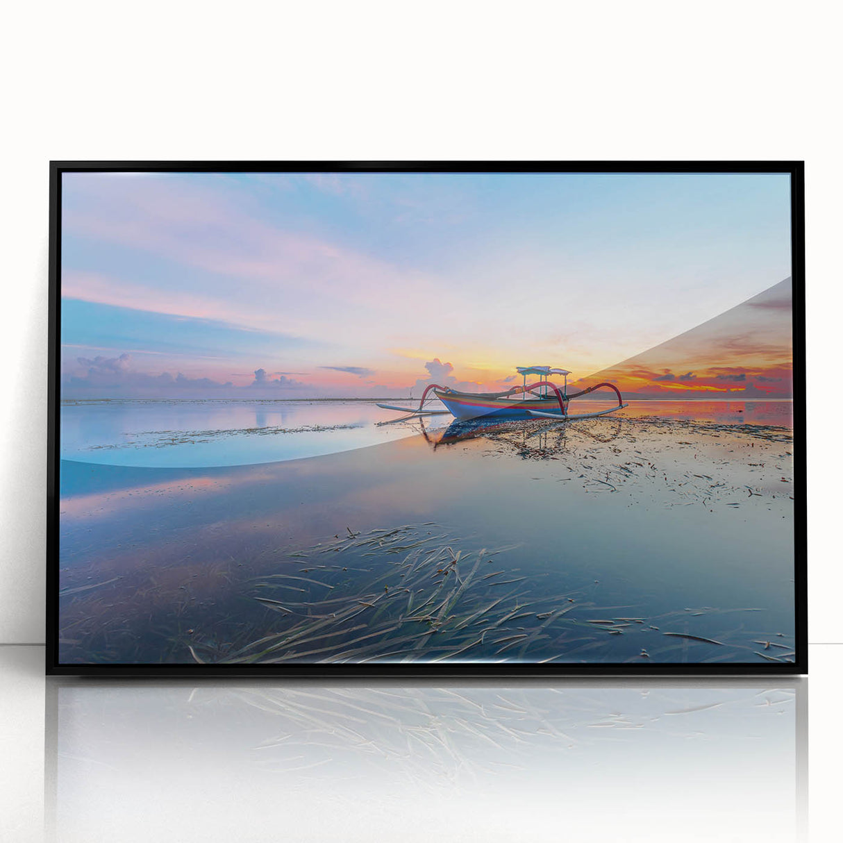 Large abstract wall art featuring a mid-century modernist style in muted earth tones, framed in black acrylic.