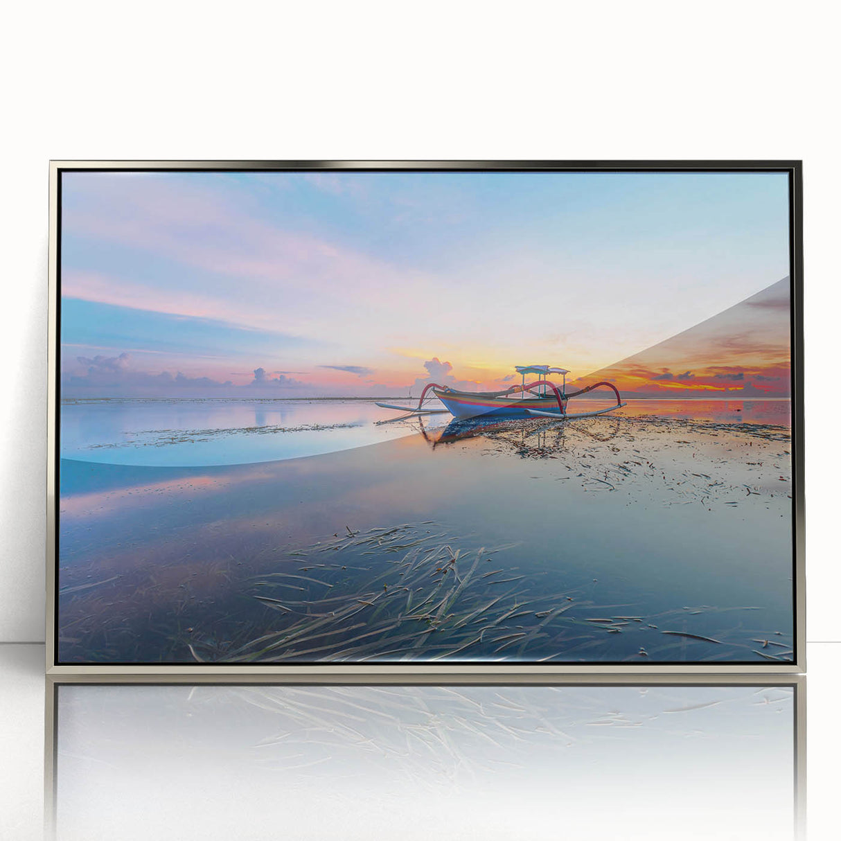 Mid-century modernist art depicting an Indonesian landscape in muted earth tones on a framed acrylic panel.