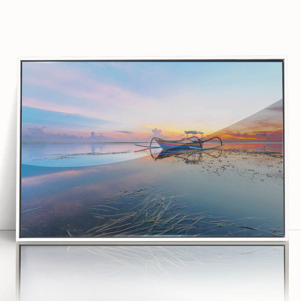 Art deco poster of an Indonesian landscape in muted green and brown tones on a white framed acrylic.