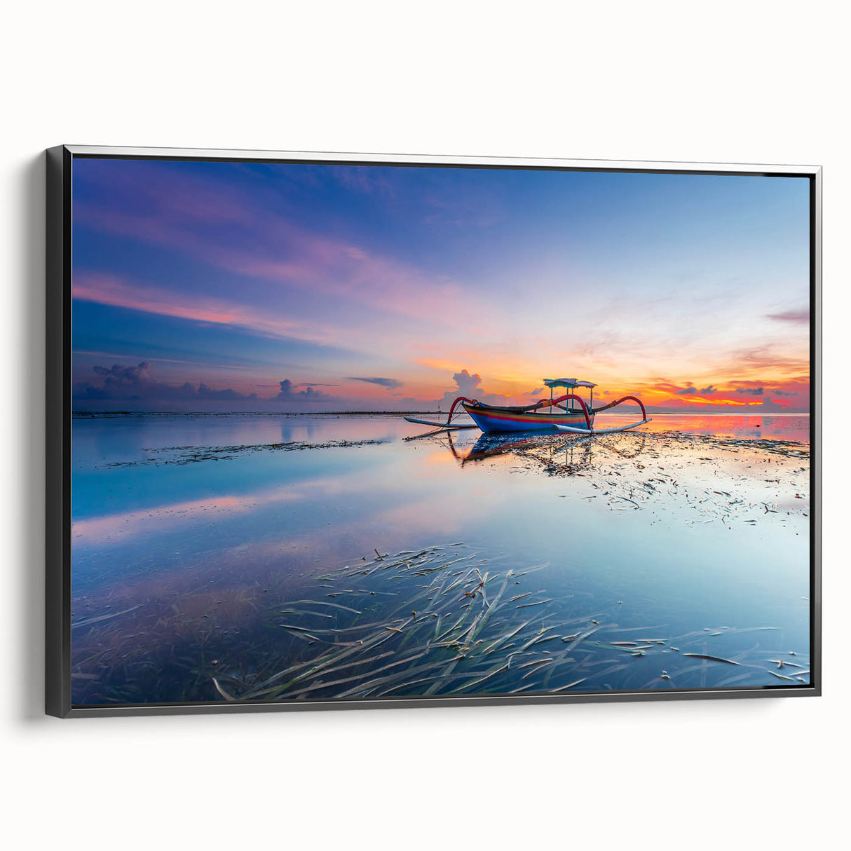 Black and white framed canvas depicting an Indonesian landscape, ideal for bedroom wall decor.