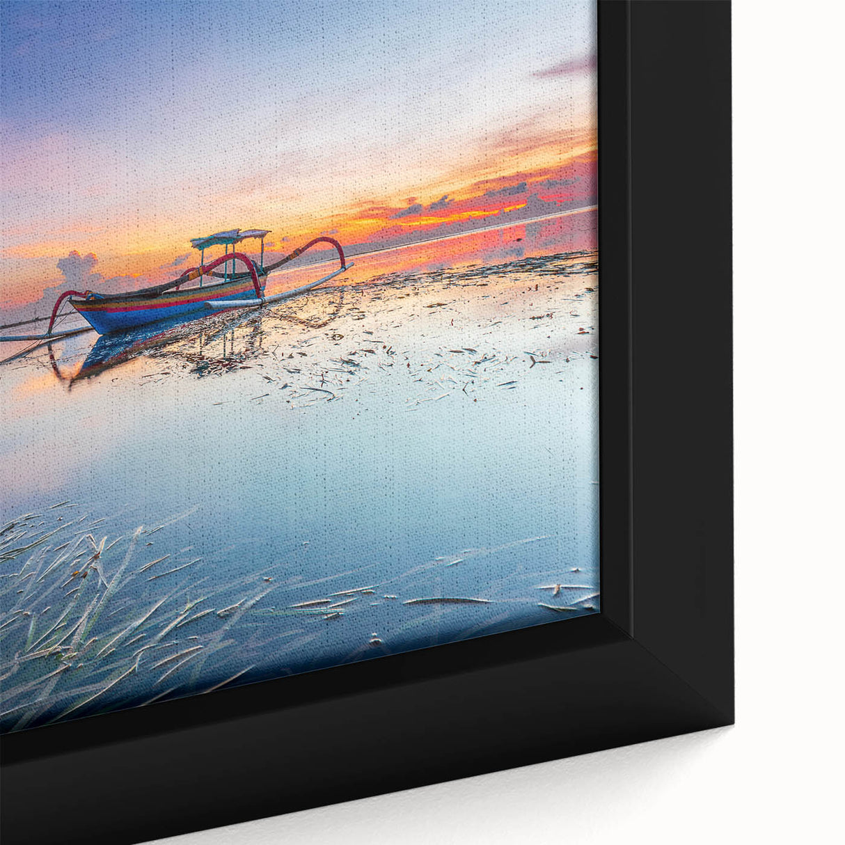 Extra large framed canvas featuring a textured depiction of an Asian landscape in black with vibrant, colorful accents.