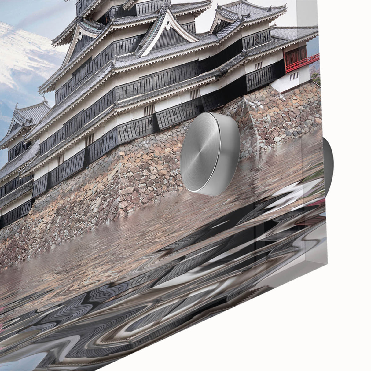 Large abstract wall art depicting a mid-century modernist Japanese scenery in muted earth tones on acrylic glass.