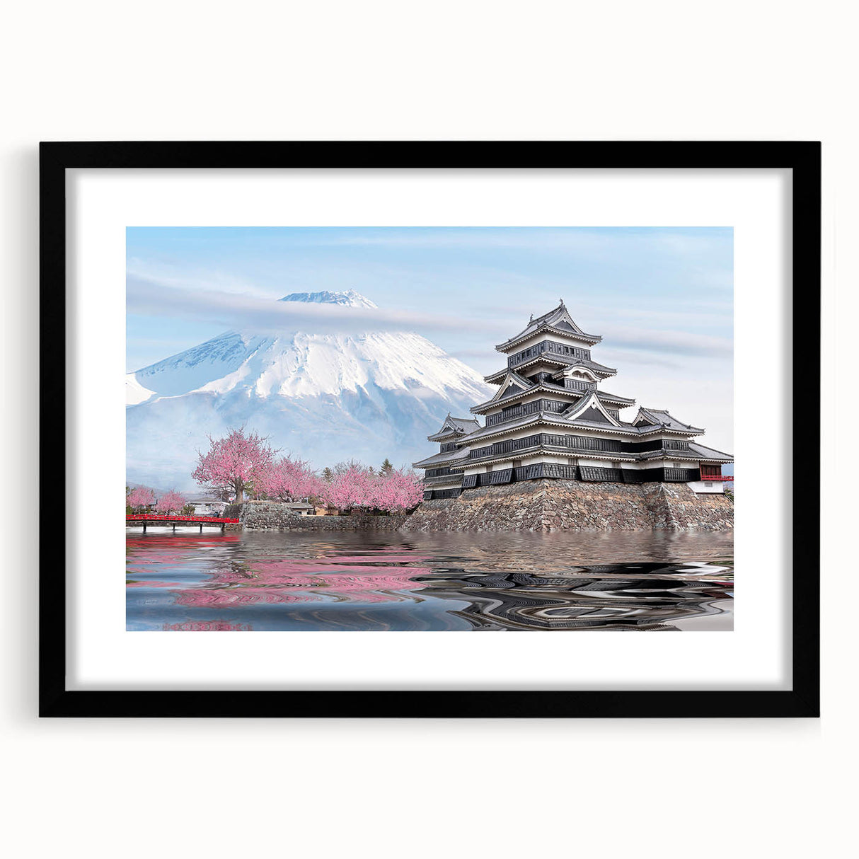 Extra large abstract art print featuring a colorful, textured depiction of a Japanese scenery, framed in black.