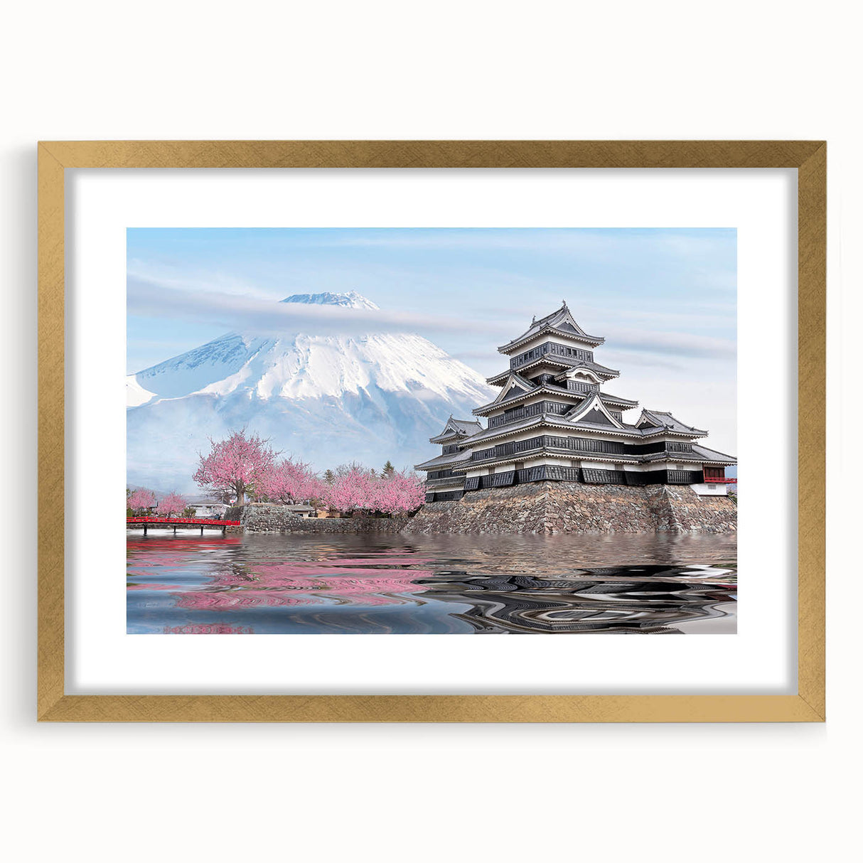 Extra large abstract art print featuring a textured Japanese scenery in muted gold and green tones, framed with a gold mat.