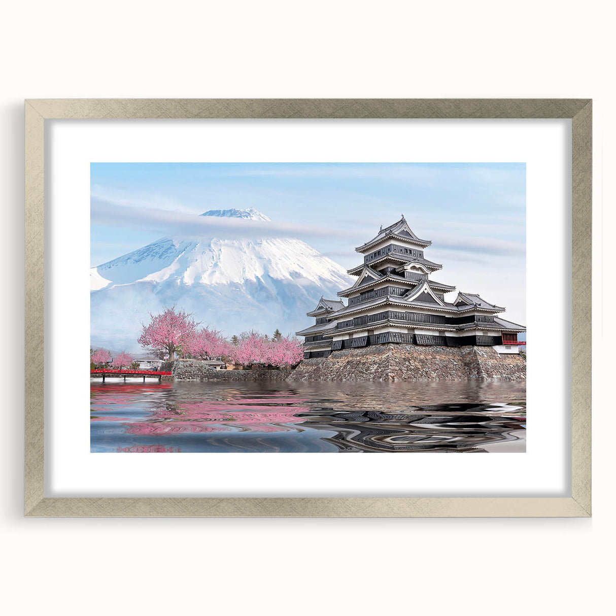Textured abstract art print depicting a serene Japanese landscape in muted earth tones, framed in silver.