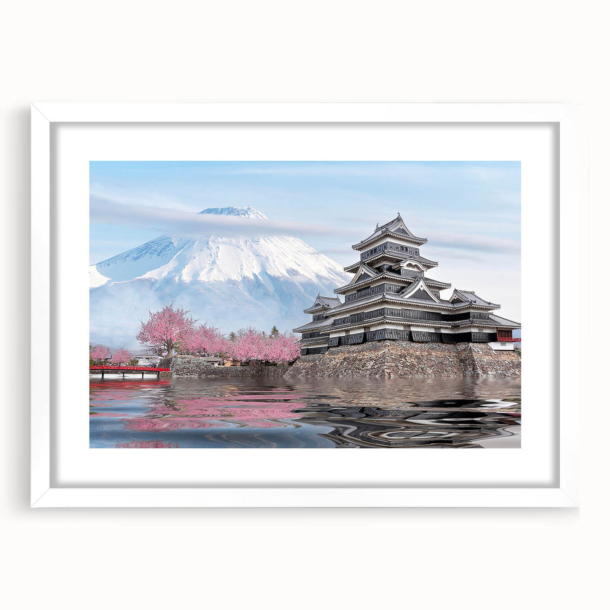 Abstract art print of a serene Japanese landscape in muted watercolor tones on a framed white canvas.