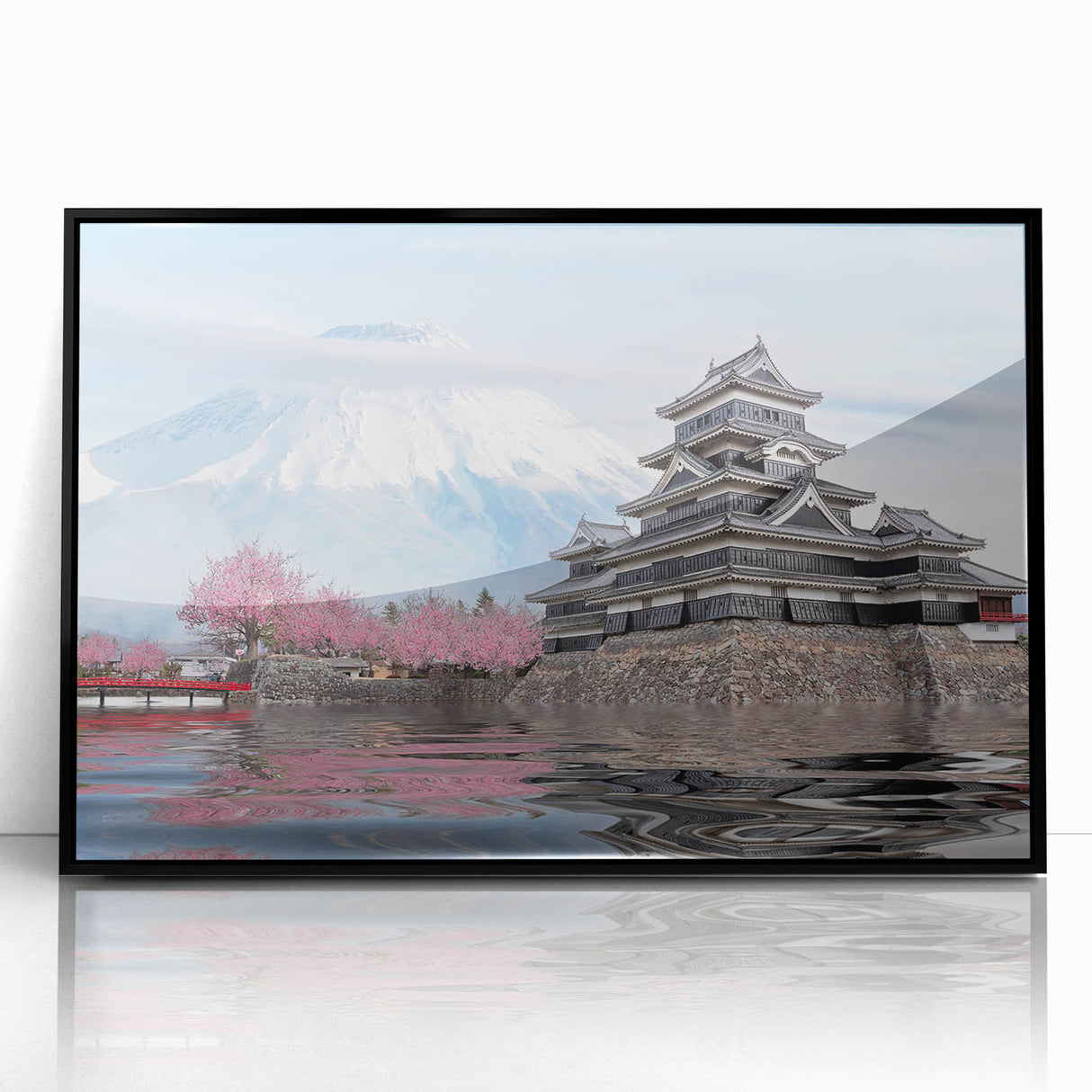 Large abstract wall art depicting a serene Japanese landscape in muted earth tones, framed in black acrylic.