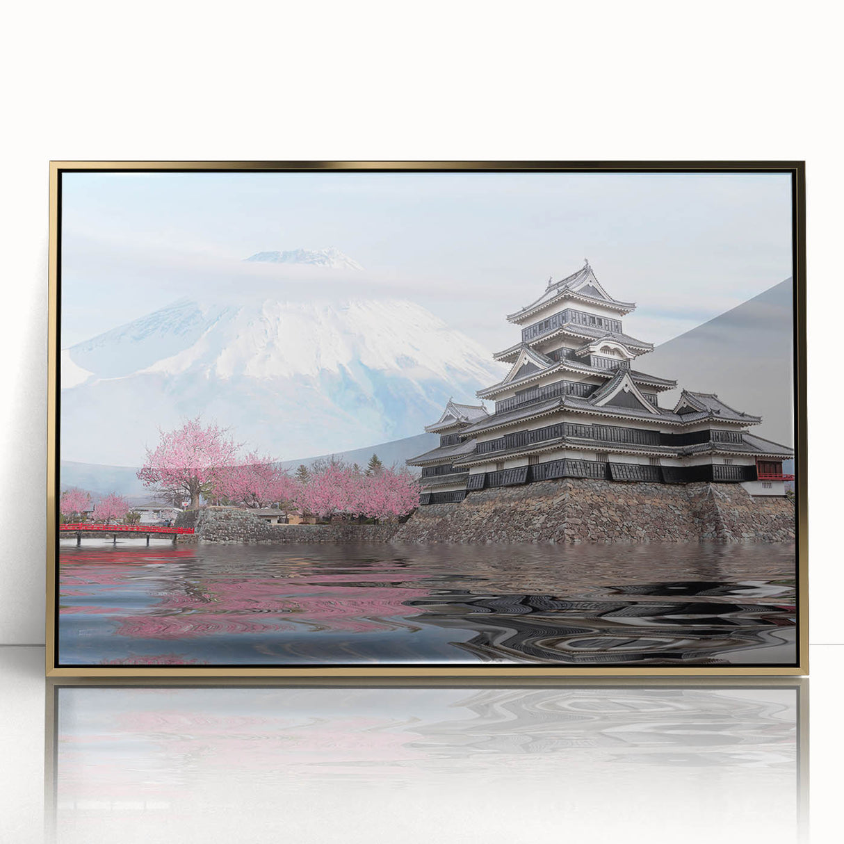 Mid-century modernist Japanese scenery on large acrylic print with gold hues, ideal for modern art wall decor.