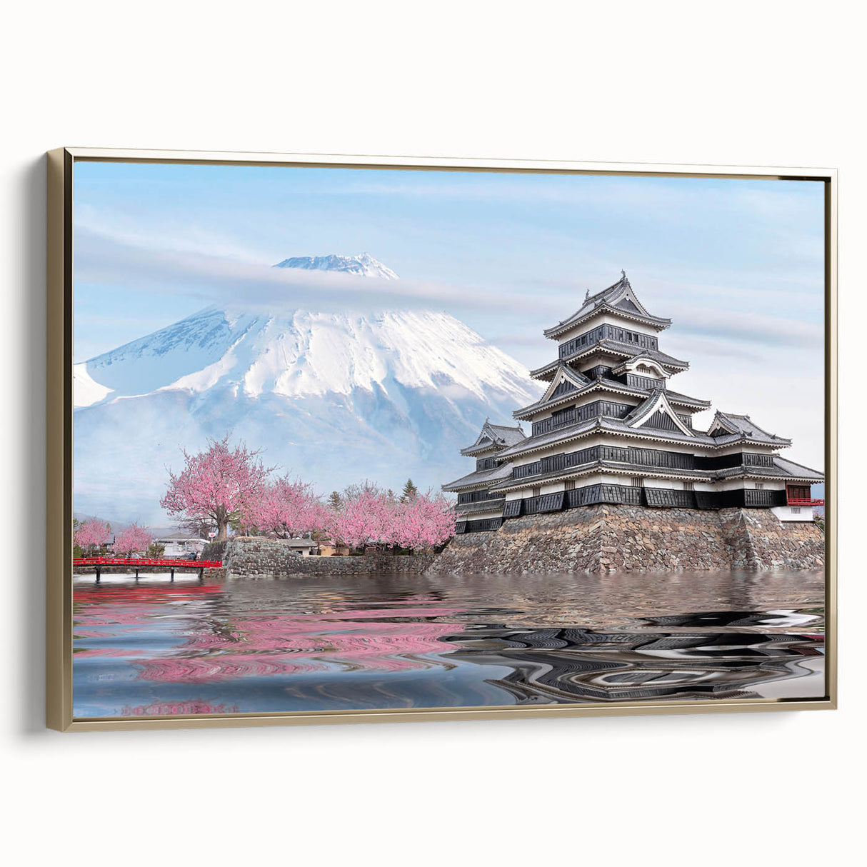 Framed canvas featuring a vintage Japanese landscape in gold and black tones, ideal for bedroom wall decor.