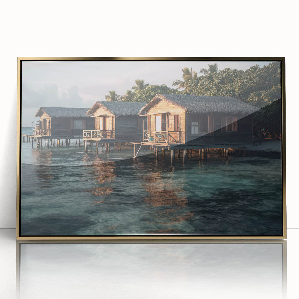 Large art print of a Malaysian landscape in gold tones on framed acrylic, ideal for modern art wall decor.