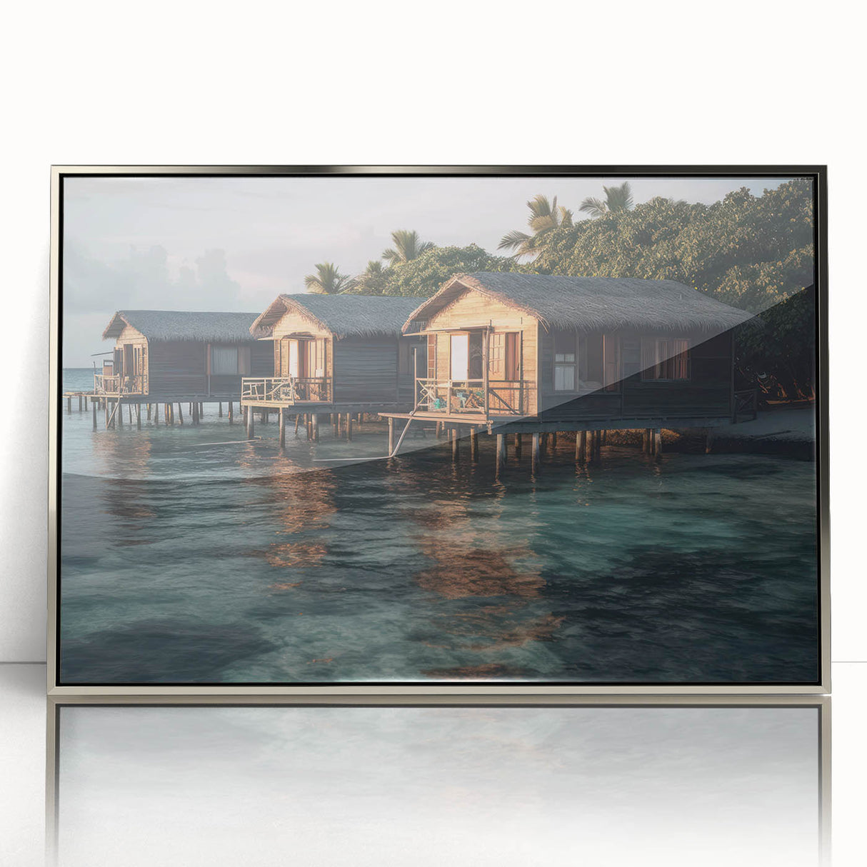 Mid-century modernist art depicting a serene Malaysian landscape in muted earth tones, framed acrylic.