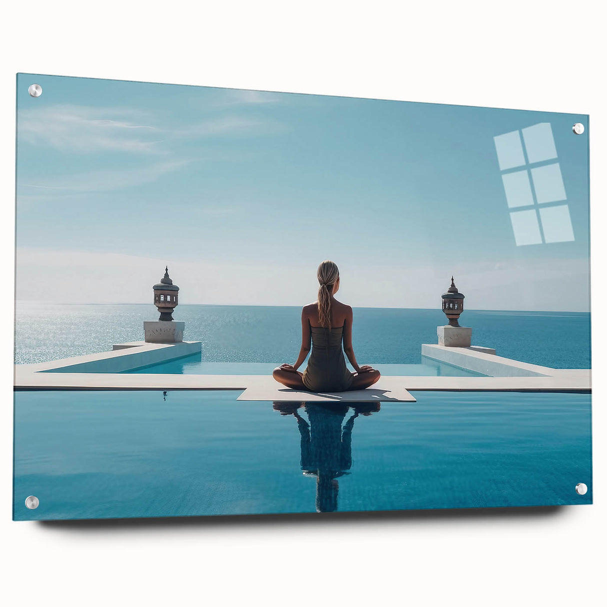 Acrylic glass print of a serene Maldivian landscape in soft blue and white tones, ideal for bedroom or dining room decor.