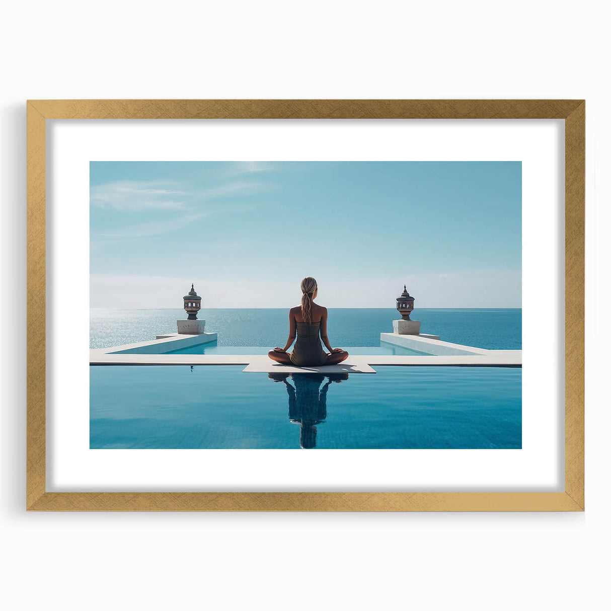 Extra large wall art featuring an abstract Maldives scenery in textured art print, with gold frame.