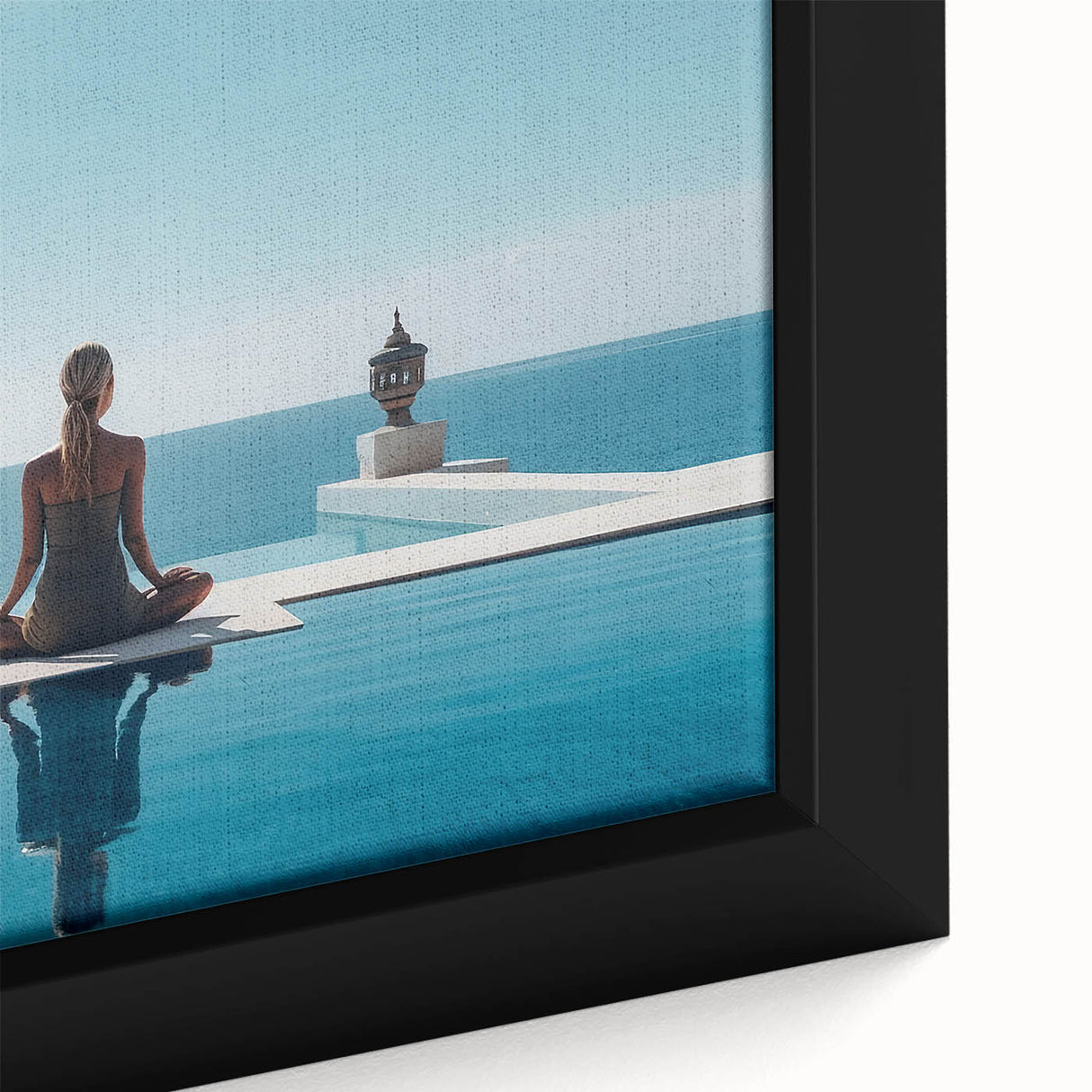 Framed canvas of a textured, colorful Maldivian seascape in black, ideal for living room decor.