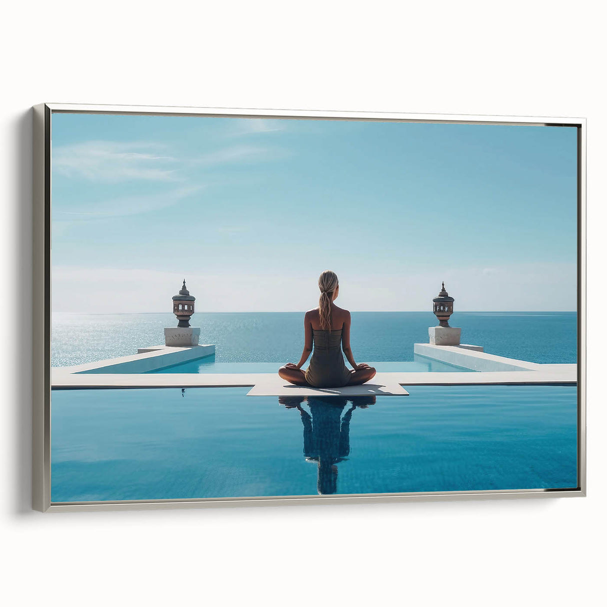 Landscape art painting of Maldives scenery on framed canvas, with colorful art and silver frame, ideal for living room decor.