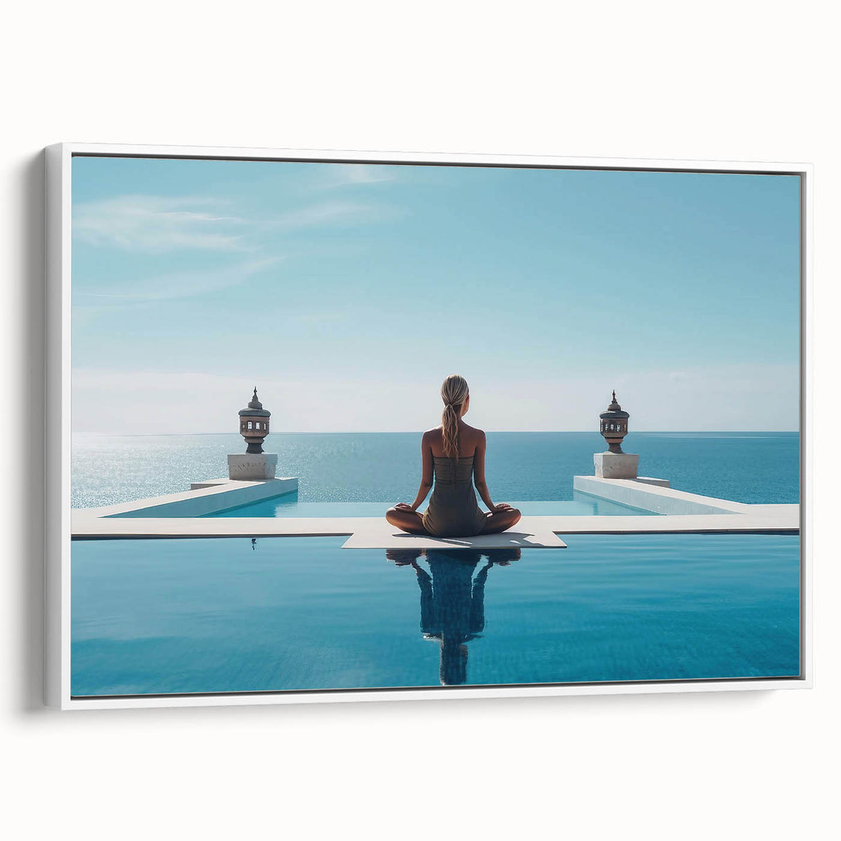 Framed canvas of a vintage poster art depicting a scenic Maldivian beach with vibrant blue and green tones.