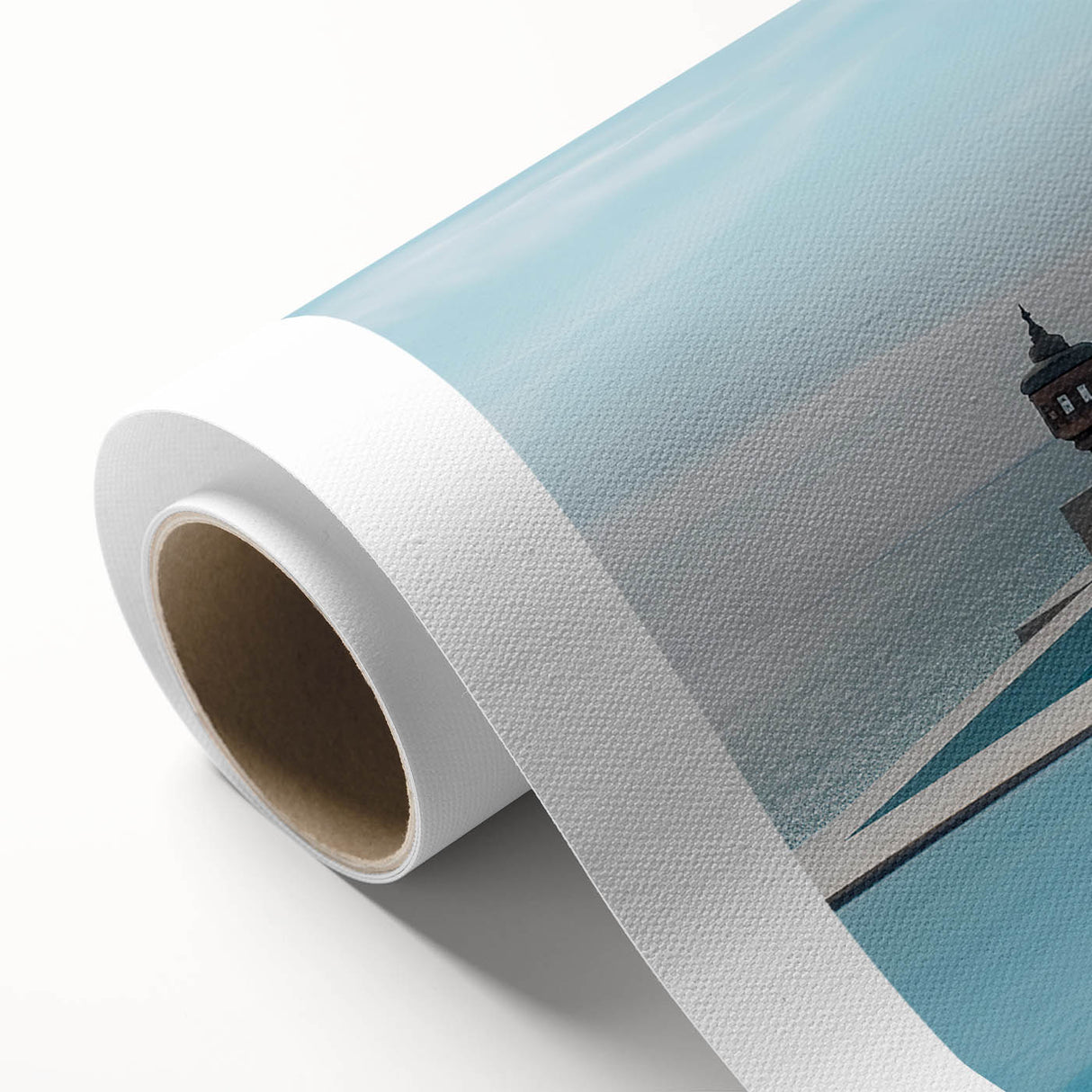 Art deco poster of a serene Maldivian beach on a rolled canvas, featuring soft blue and white tones.