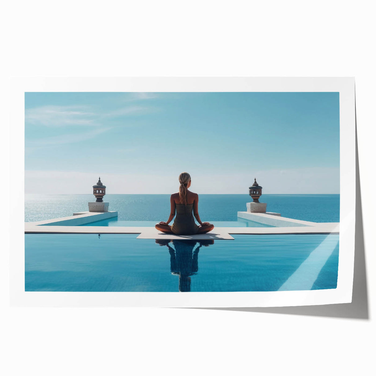 Extra large rolled print of a serene Maldives beach scene, featuring soft blue and white tones.