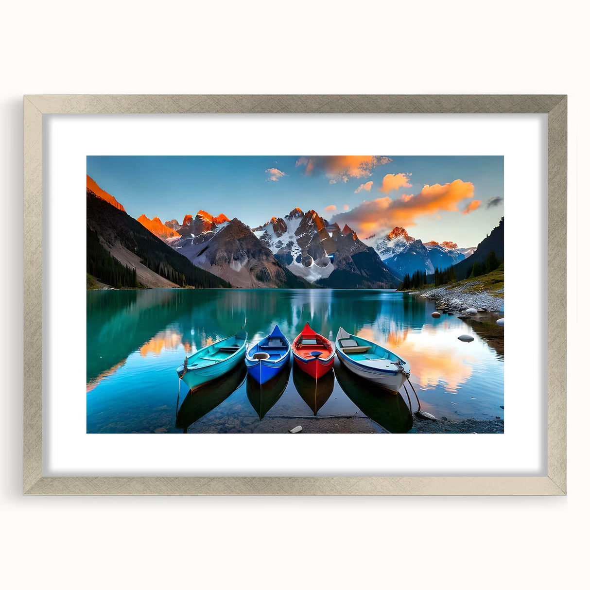 Textured abstract art print of Alberta scenery in muted earth tones, framed with a silver mat, suitable for bedroom decor.