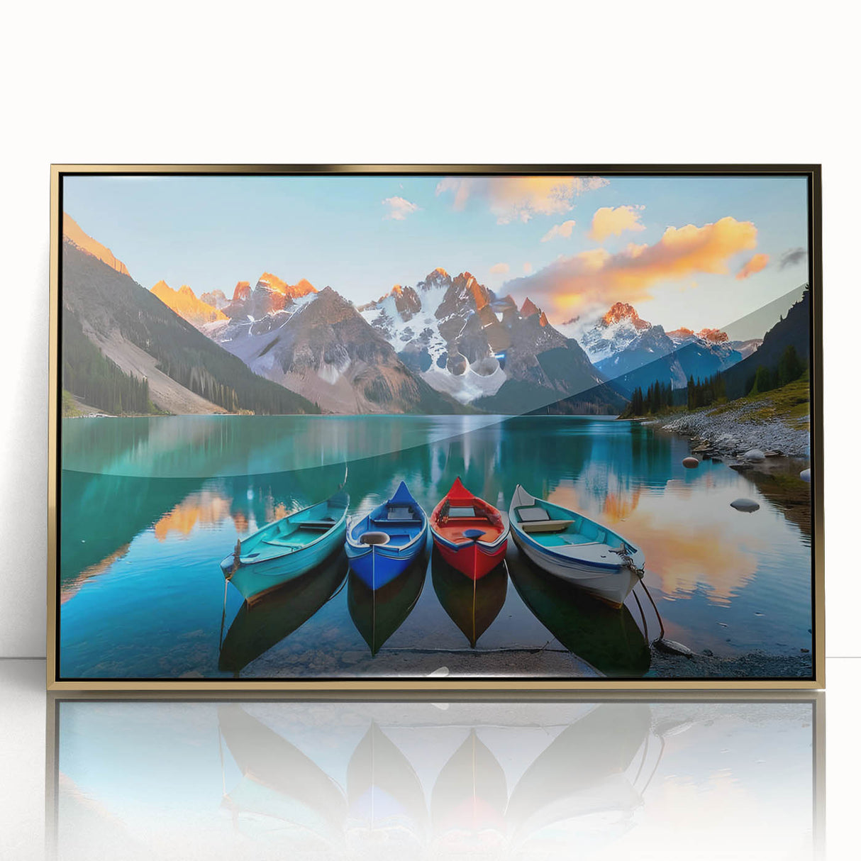 Mid-century modernist acrylic print of Alberta scenery in gold frame, ideal for modern art wall decor.