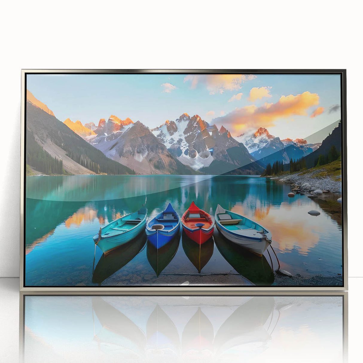 Mid-century modernist art depicting Alberta, Canada scenery in muted earth tones on a silver-framed acrylic print.