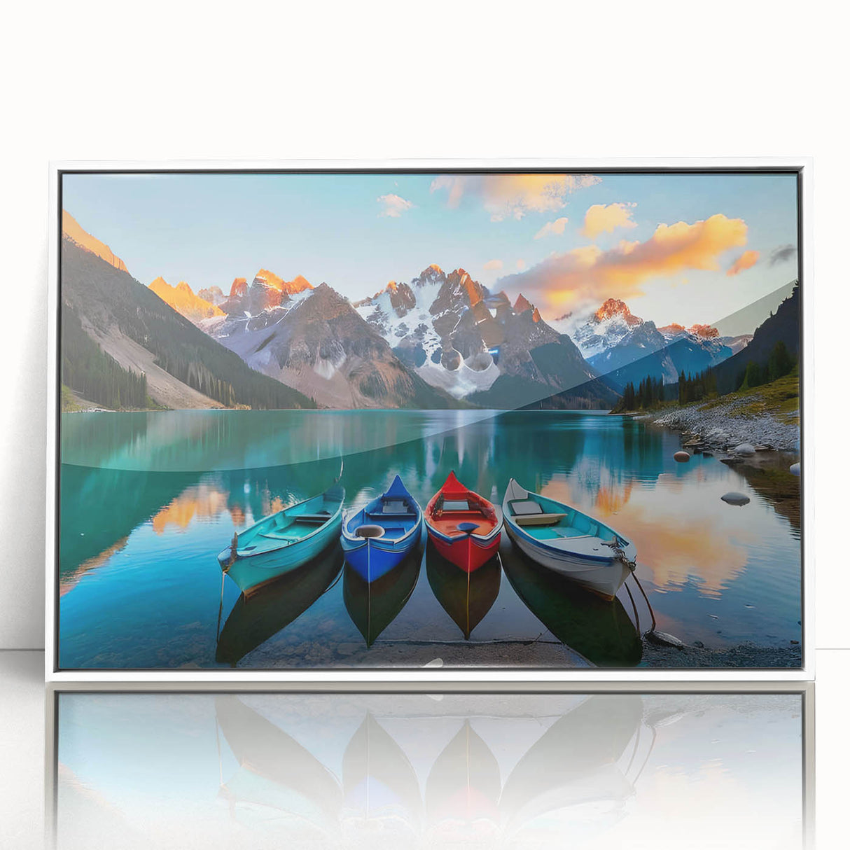 Acrylic print of Alberta, Canada scenery in art deco style with white frame, ideal for nursery wall art.