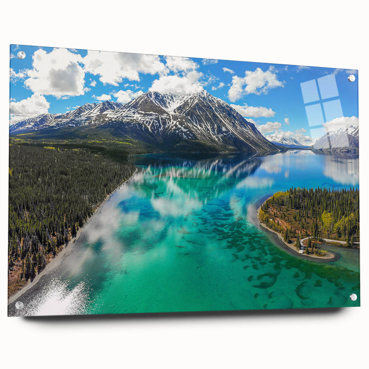 Large abstract wall art of Yukon scenery in muted blue and green tones on acrylic glass.