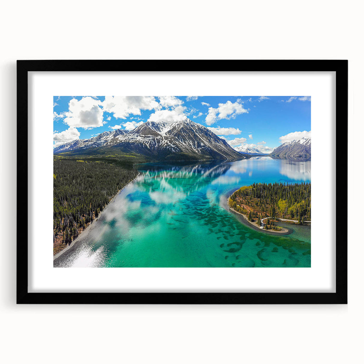 Extra large, colorful abstract art print of Yukon scenery on textured canvas, framed in black, suitable for a living room.