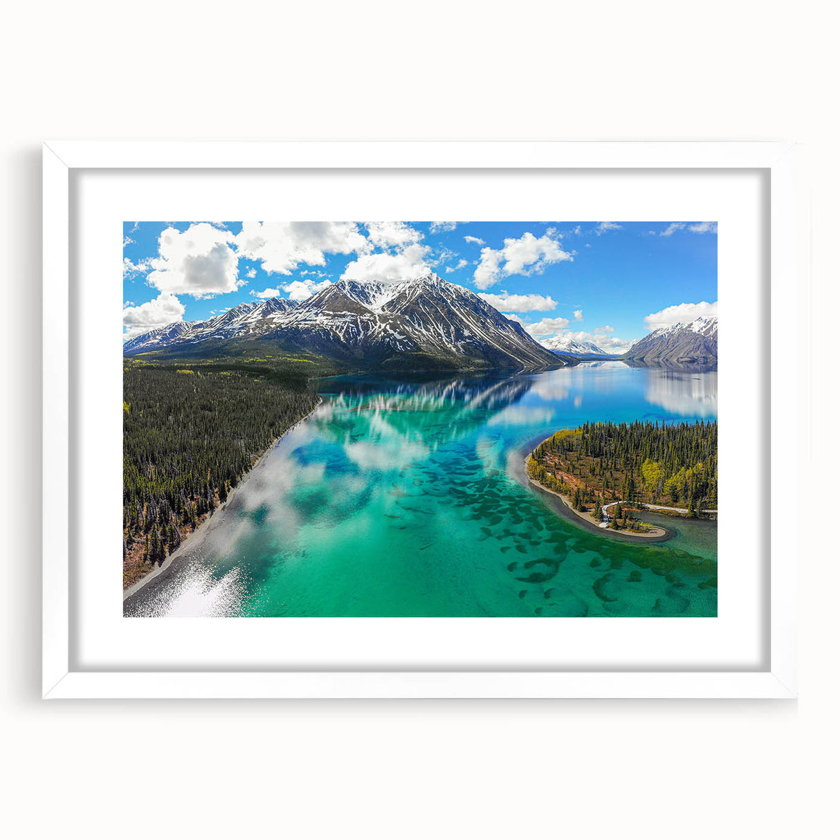 Abstract art print of Yukon scenery in muted earth tones, framed with a white mat, suitable for dining room decor.