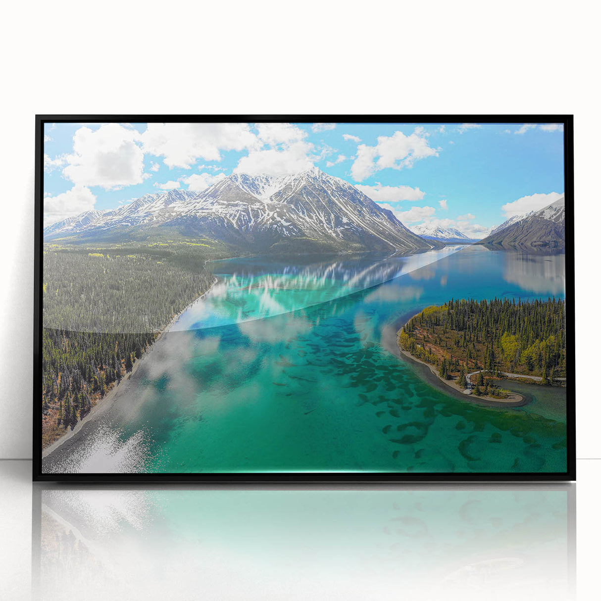 Large abstract wall art depicting Yukon scenery in muted earth tones on a black framed acrylic.