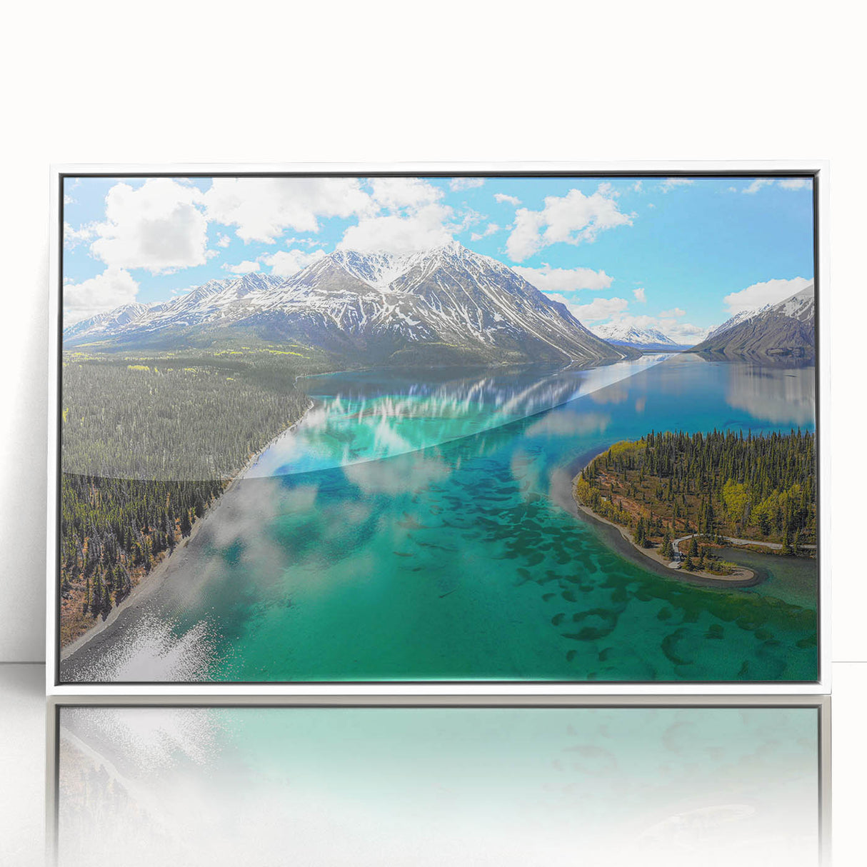 Acrylic print of a serene Yukon landscape in soft pastel colors, framed in white, suitable for modern nursery decor.