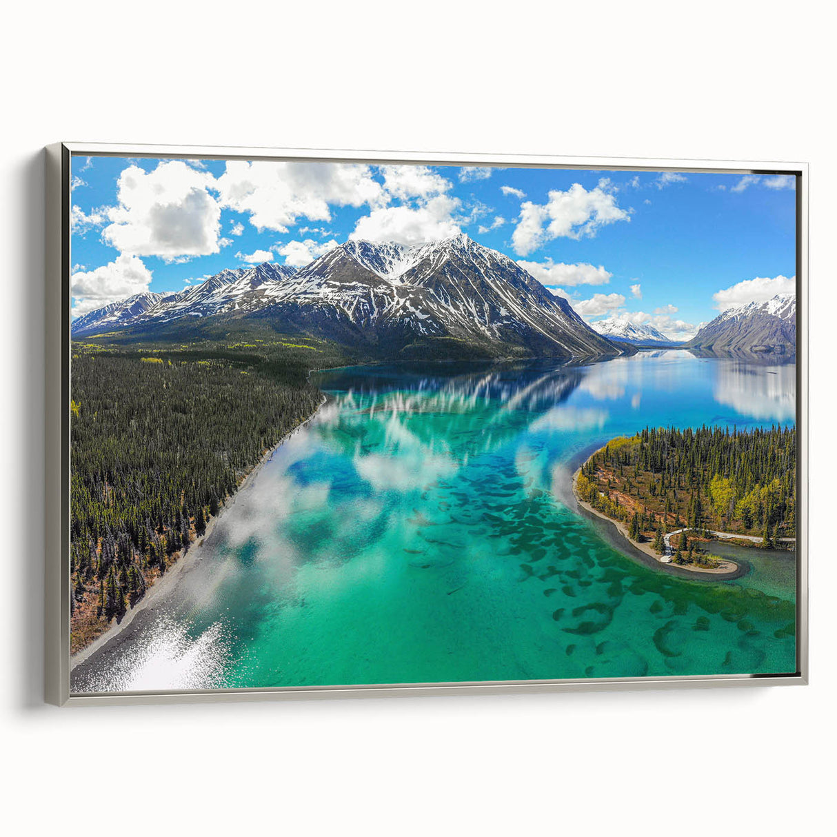Framed canvas landscape art painting featuring a vivid depiction of the Yukon scenery, with a palette of greens and blues.