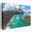 Scenic Yukon landscape on stretched canvas, featuring muted green and blue tones, ideal for kitchen wall art.