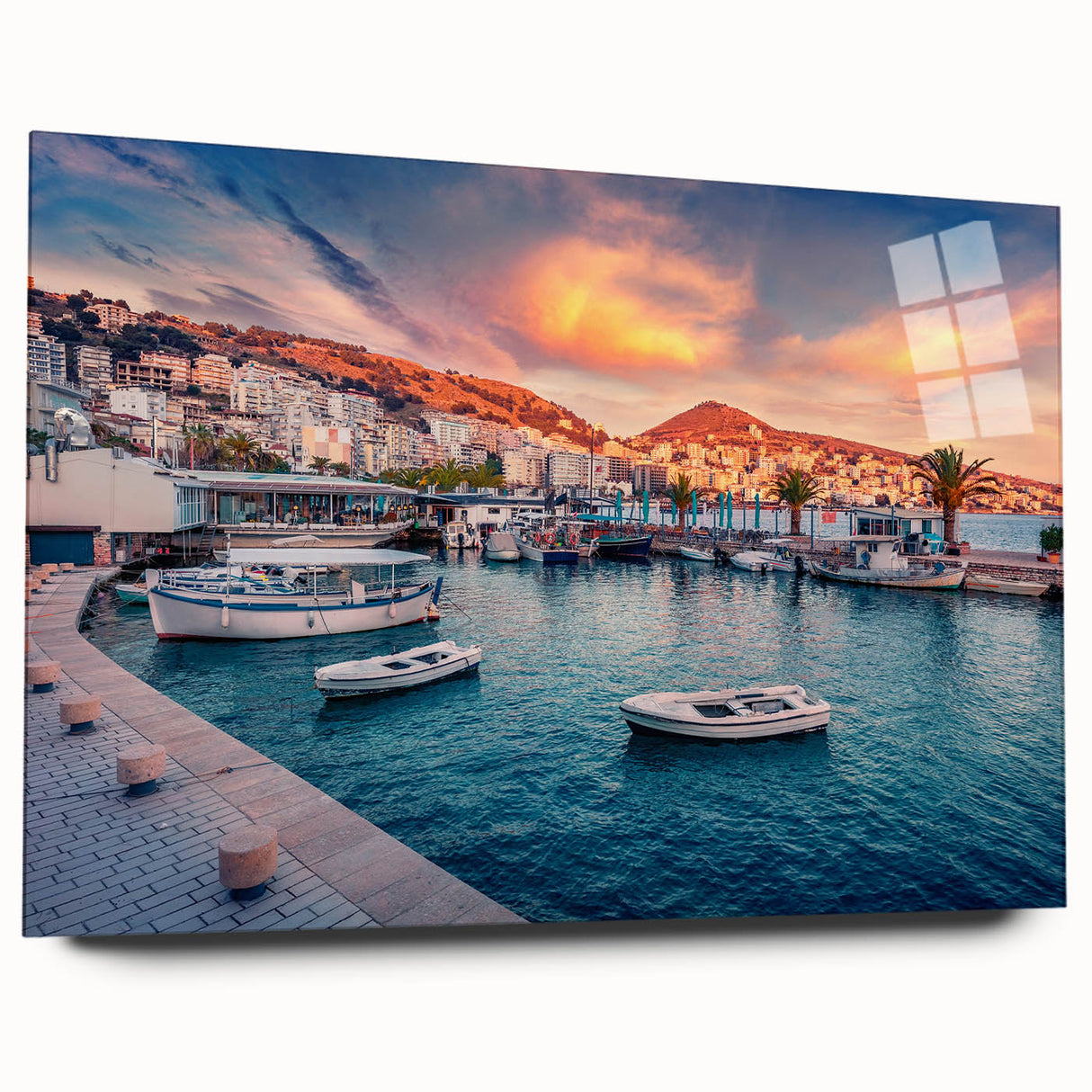 Large abstract wall art of a European Albanian scenery in muted earth tones, printed on acrylic glass.