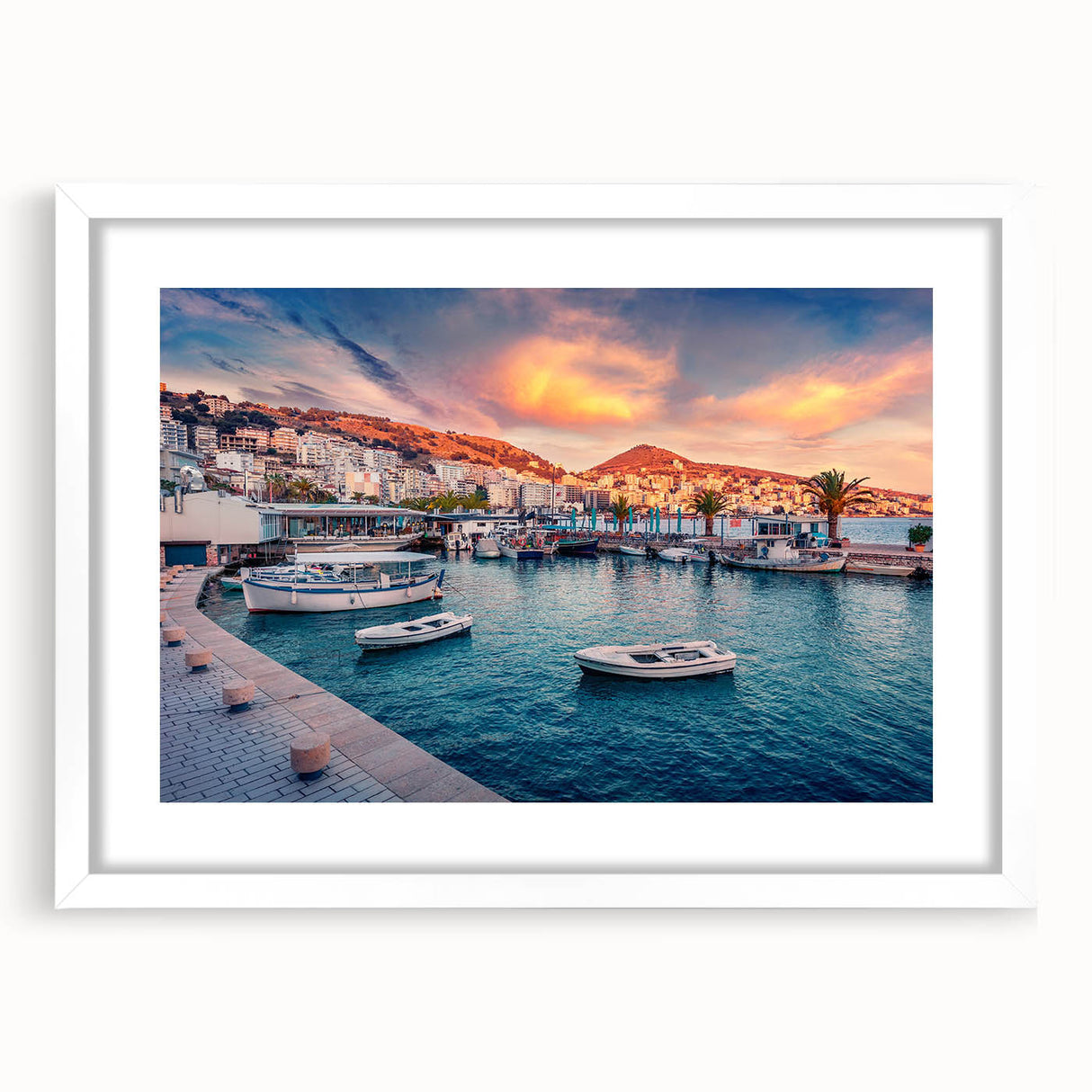 Textured abstract art print of a European scenery in muted earth tones, framed in white, ideal for bedroom art.