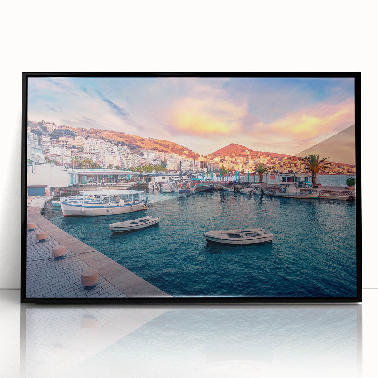 Large abstract wall art featuring a European Albanian scenery in muted earth tones on a framed acrylic.