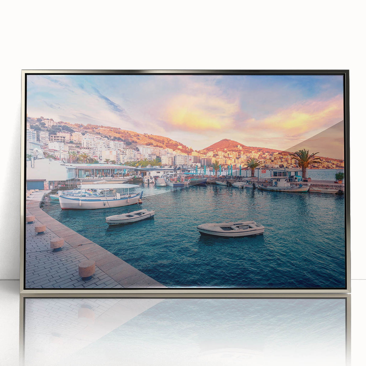 Large art print of an Albanian landscape in mid-century modernist style, framed in silver acrylic.