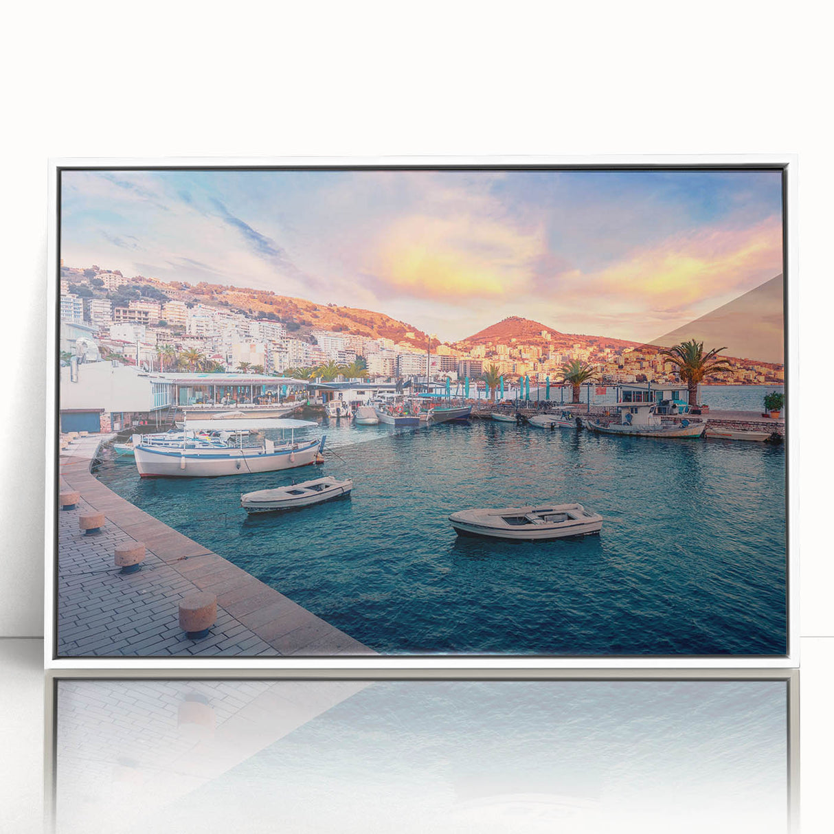 Mid-century modernist art depicting a European Albanian landscape in muted pastel shades on framed acrylic.