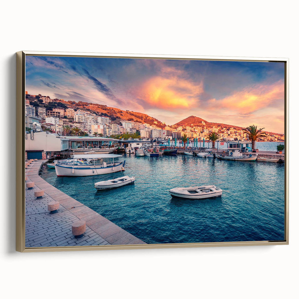 Framed canvas of a vintage-style Albanian landscape in muted gold and black tones, ideal for bedroom wall art.