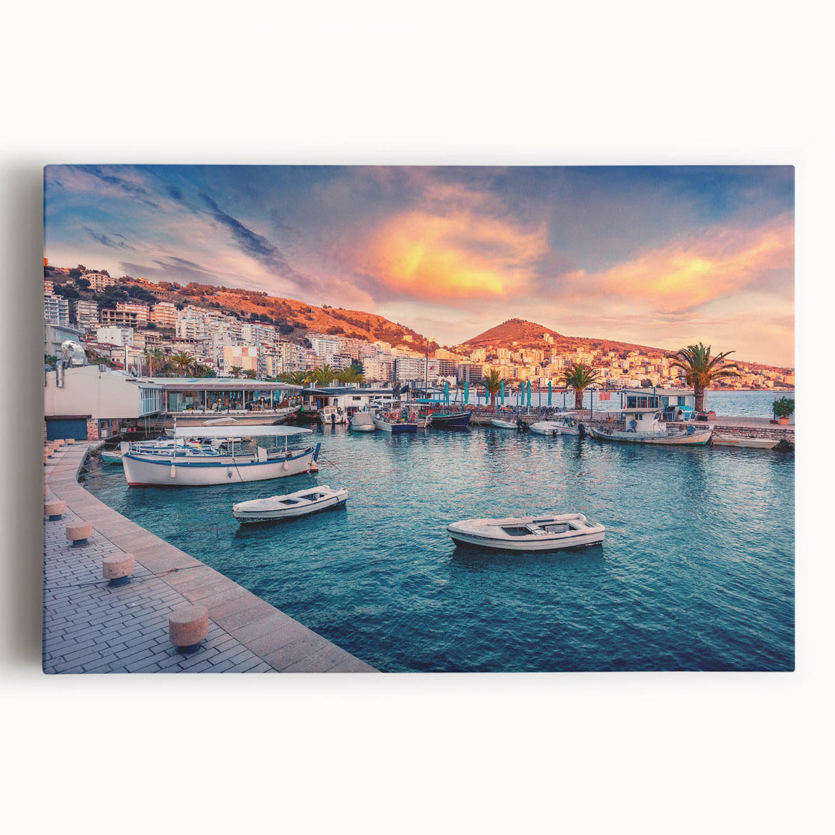 Black and white panoramic photo of an Albanian landscape on stretched canvas, ideal for kitchen wall art.