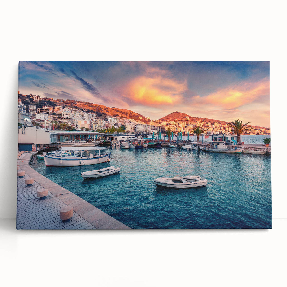 Black and white photograph of a European street scene on a large stretched canvas, suitable for kitchen wall art.