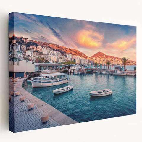 Large art depicting an Albanian landscape on stretched canvas, with muted earth tones, ideal for kitchen wall art.