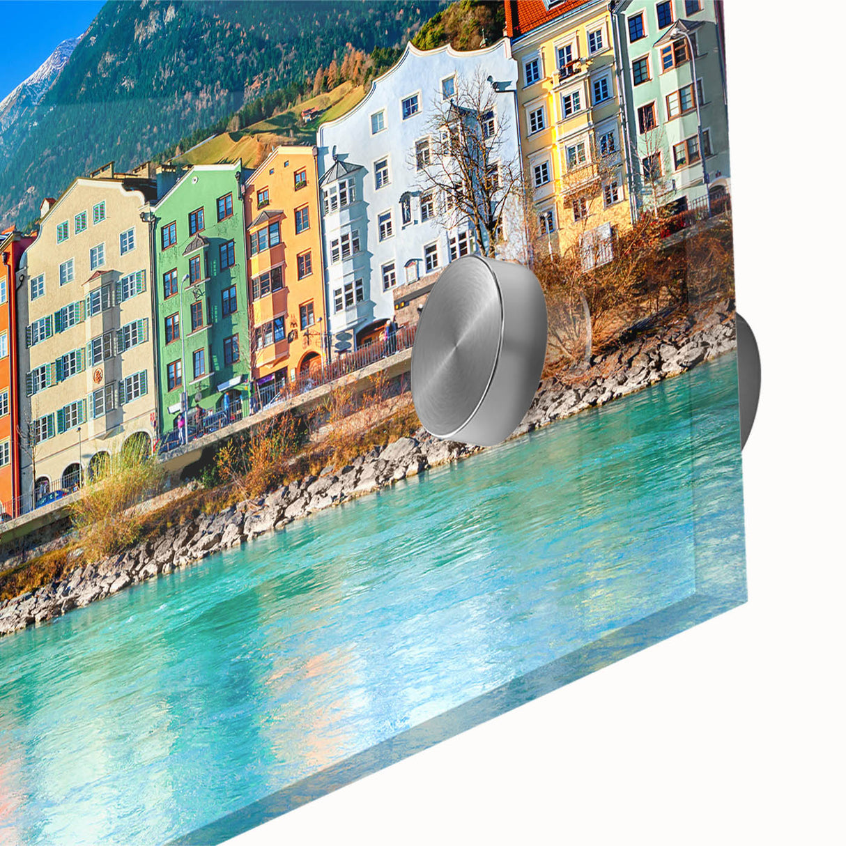 Large abstract wall art of a European scenery in Austria, rendered in mid-century modernist style on acrylic glass.