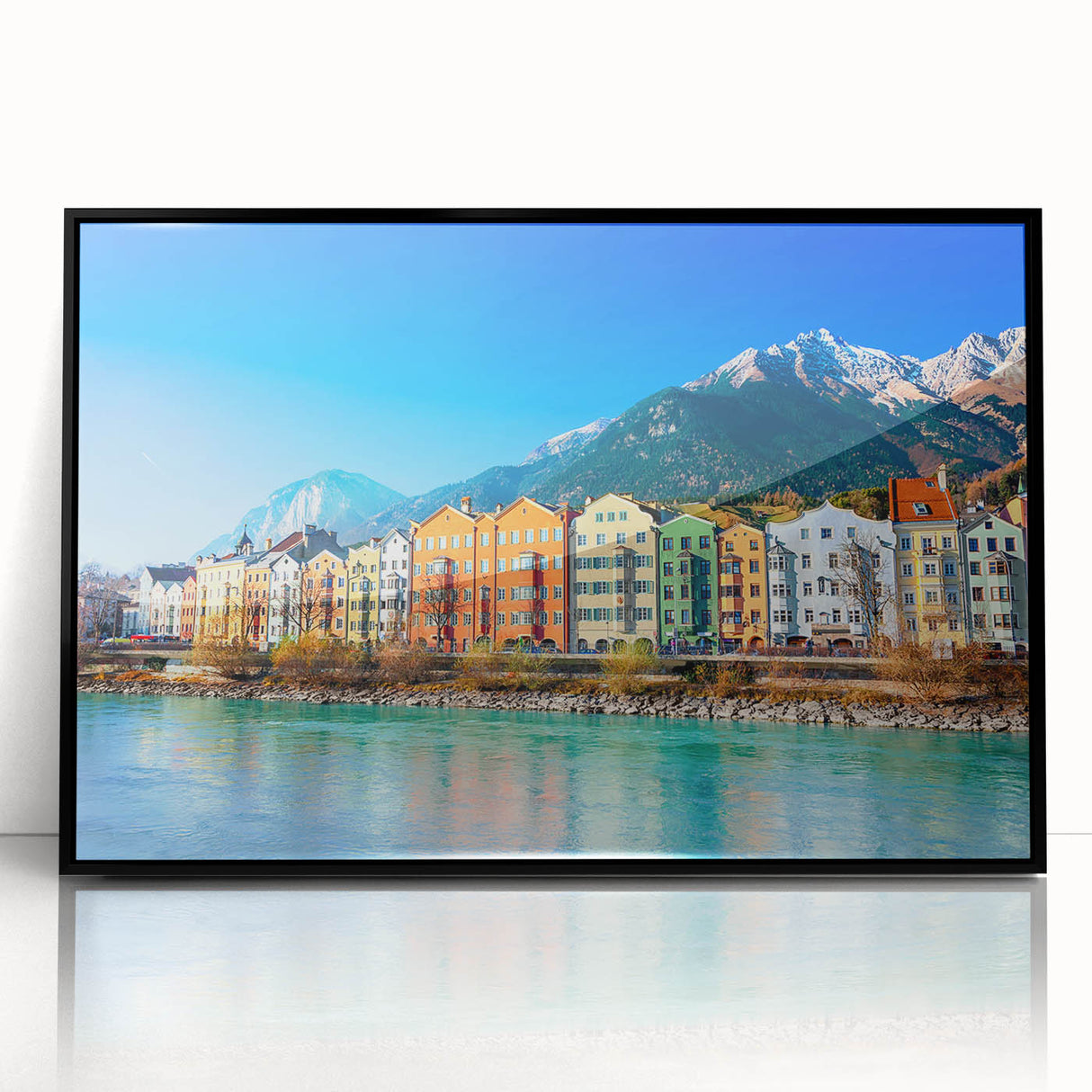 Large abstract wall art depicting a European landscape in muted gray and blue tones on a framed acrylic.