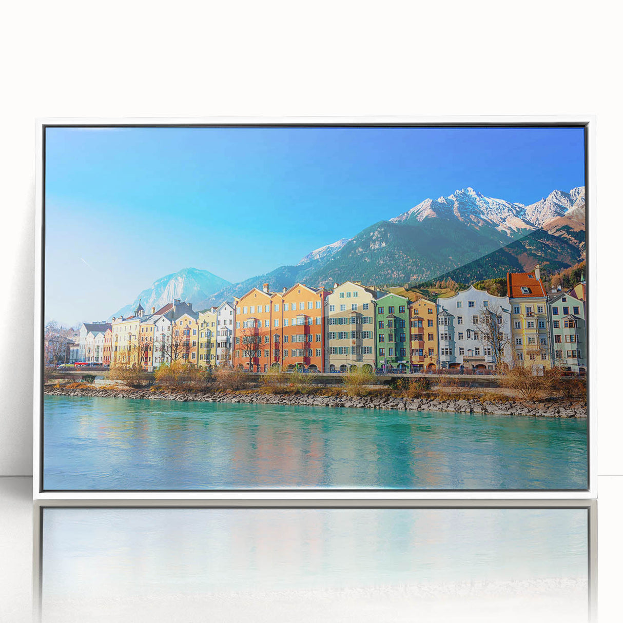 Mid-century modernist art depicting a serene Austrian landscape in muted earth tones, framed acrylic.