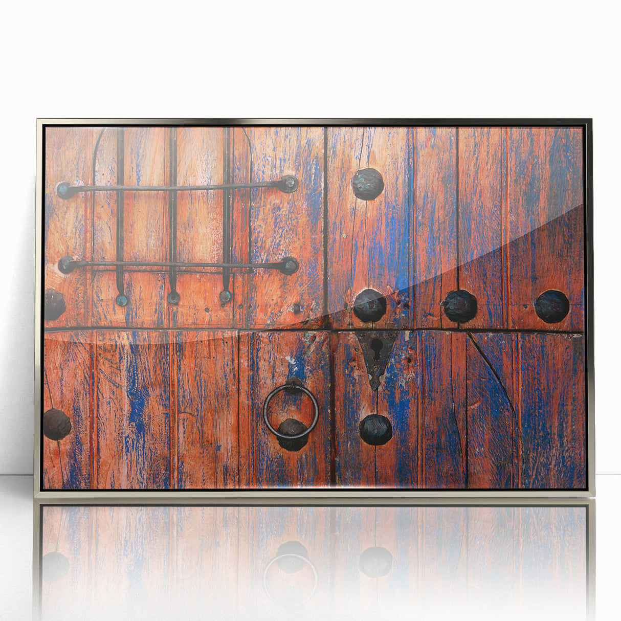 Mid-century modernist art depicting Baja California scenery in muted earth tones, silver-framed acrylic print.