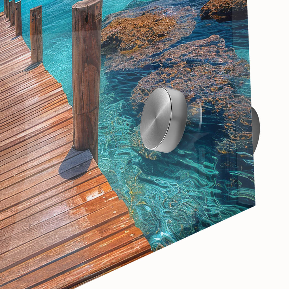 Large abstract wall art depicting a Cancun scenery in mid-century modernist style on acrylic glass.