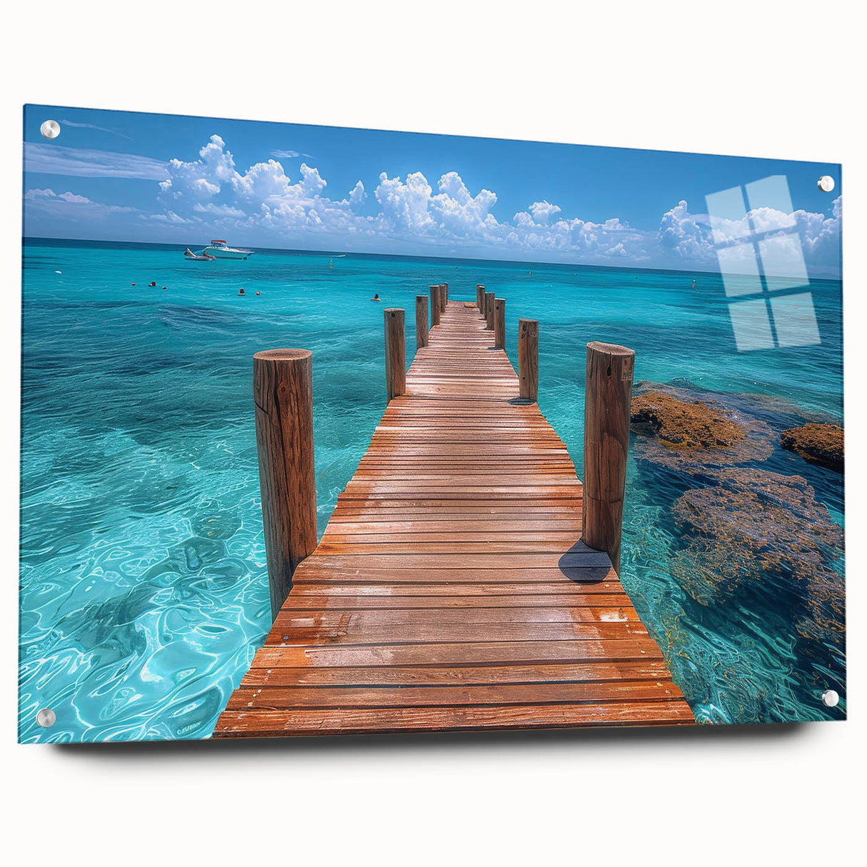 Acrylic print of a large abstract depiction of Cancun scenery in vibrant blues and greens.