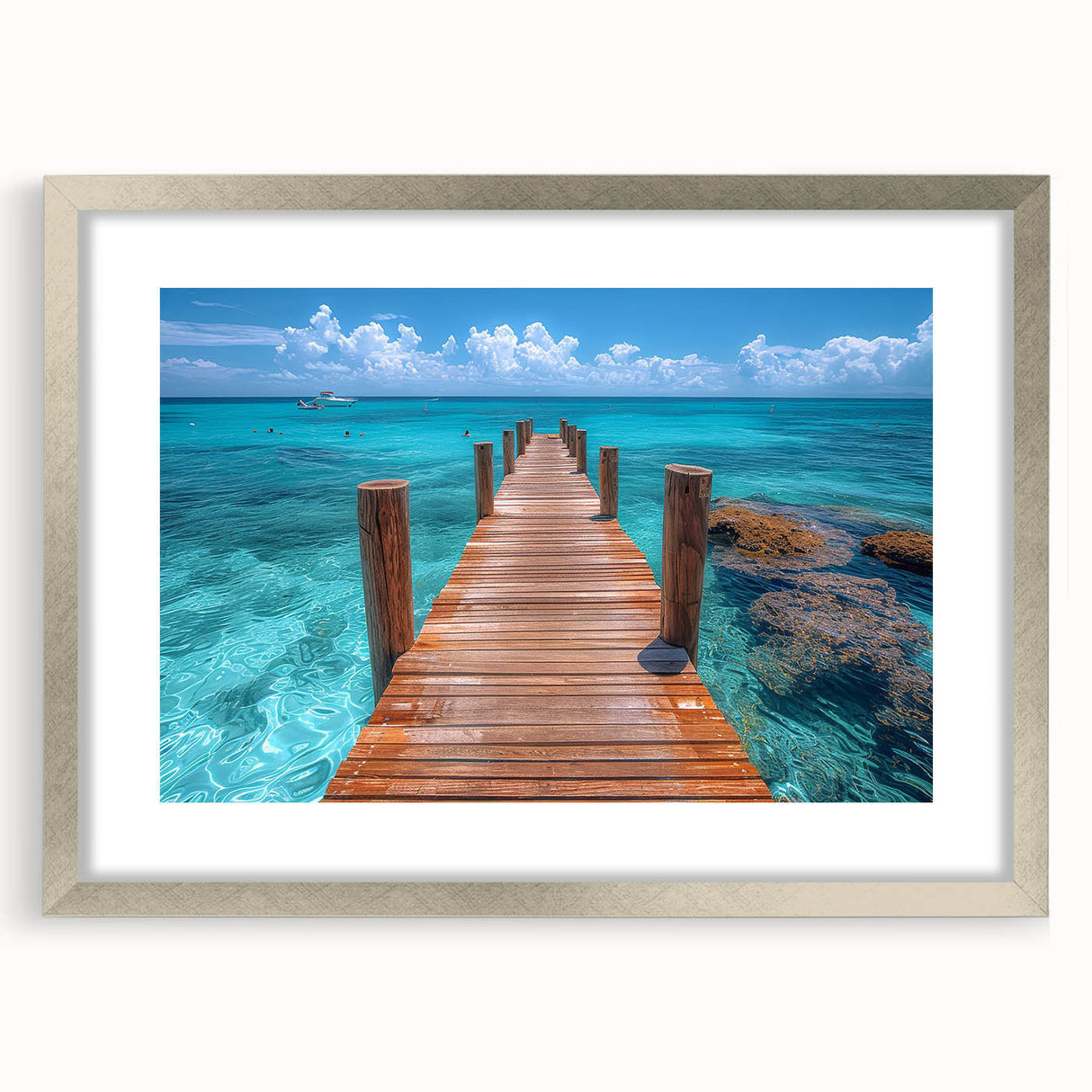 Textured abstract art print of Cancun scenery in silver frame, with a palette of blue and green, ideal for bedroom decor.