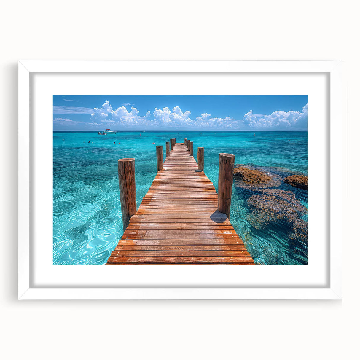 Abstract art print of Cancun scenery in muted blue and green tones on a framed white mat, ideal for dining room decor.